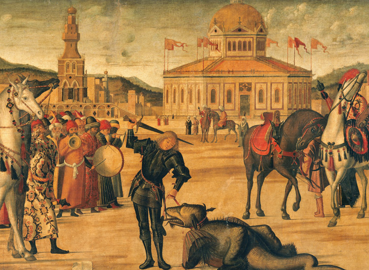 Vittore Carpaccio, Il trionfo di san Giorgio (1502), tempera su tavola, particolare. Venezia, Scuola di San Giorgio degli Schiavoni